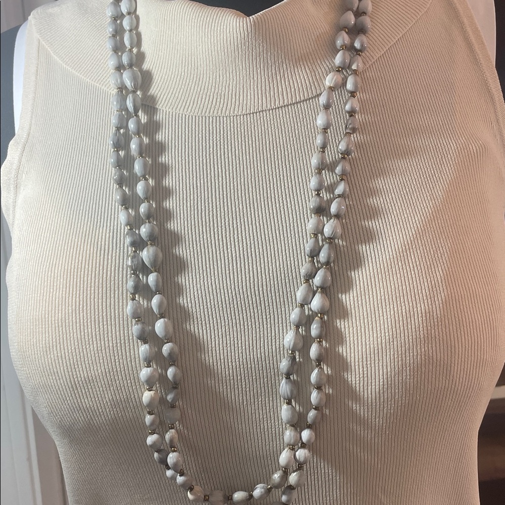 Extra Long light gray Beaded Necklace made out of seed pods 34” drop